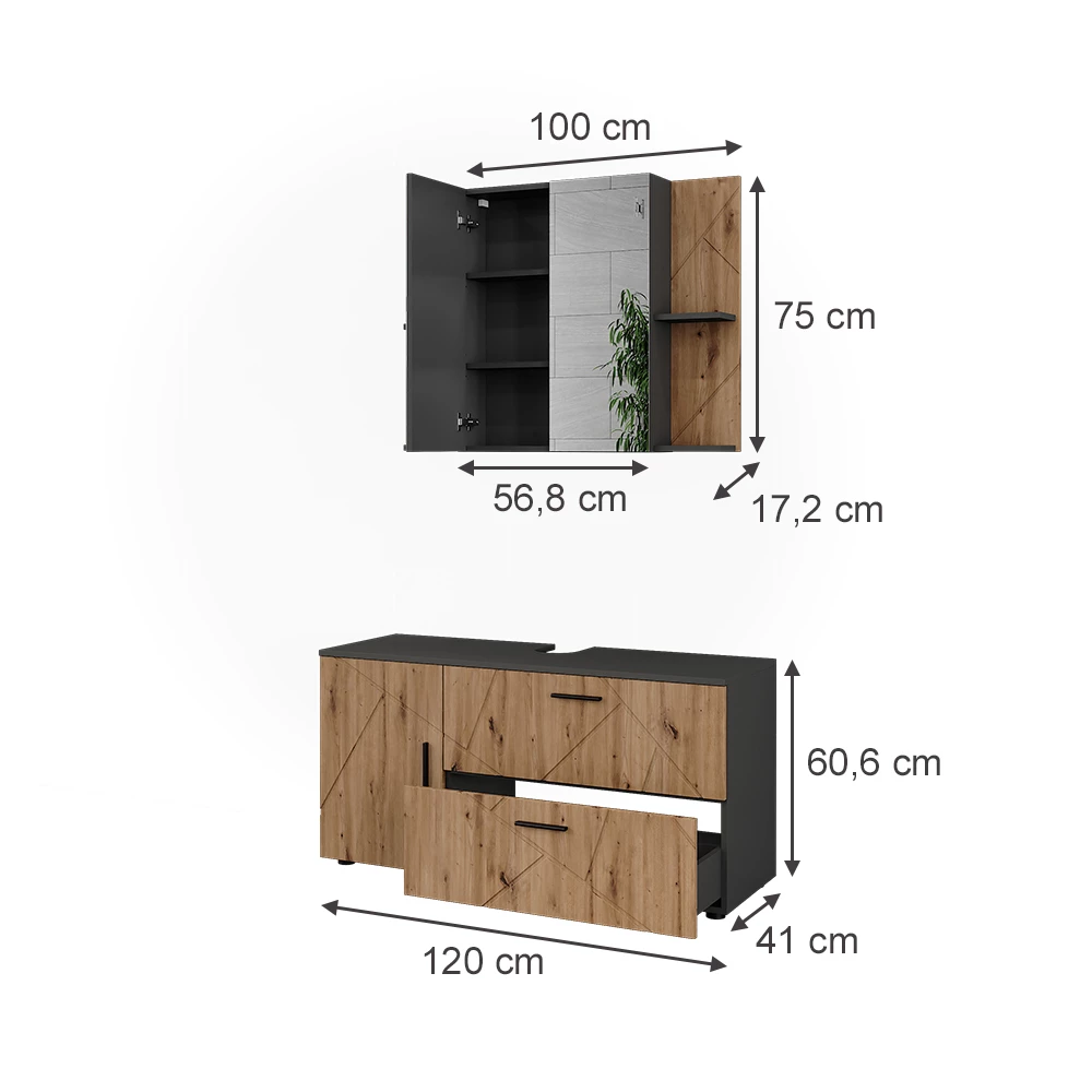 Vicco Badmöbel-Set Anthrazit/Artisan 2 Teile, Irma