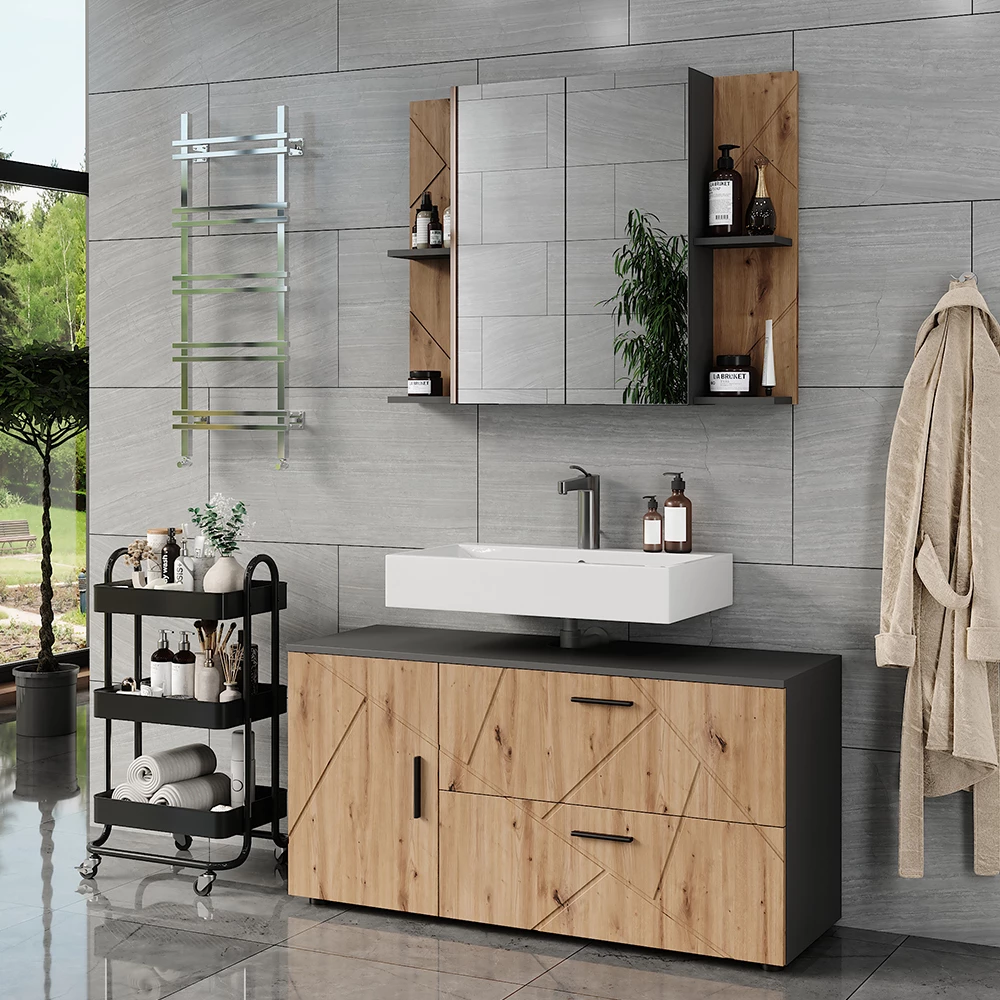 Badkamermeubelset in Antraciet/Artisan, getoond in een sfeervolle omgeving met decoratie
