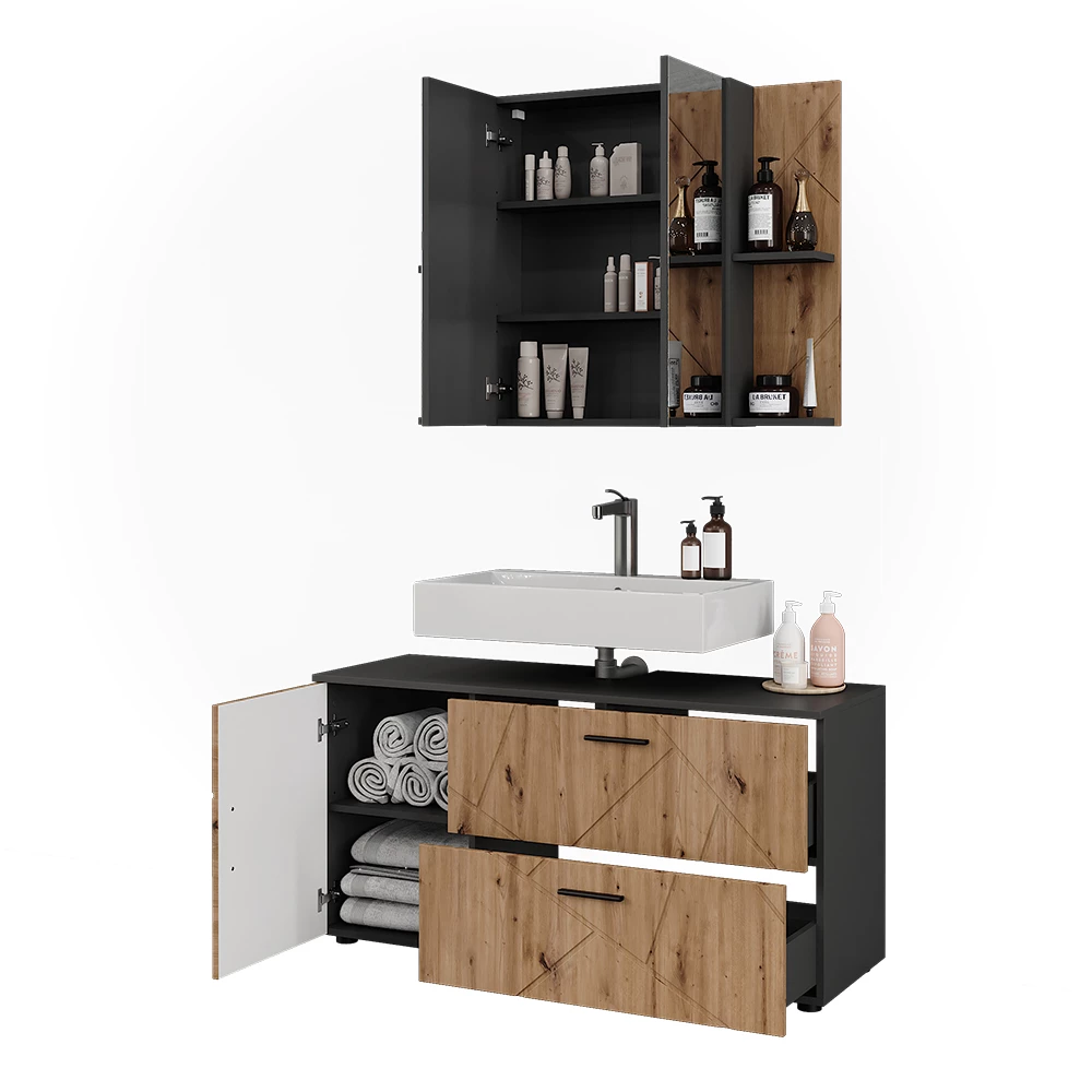 Badkamermeubelset in Antraciet/Artisan op een witte achtergrond met decoratieve elementen