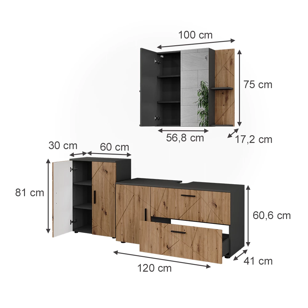 Badmöbel-Set in Anthrazit/Artisan auf weißem Hintergrund mit sichtbaren Maßen