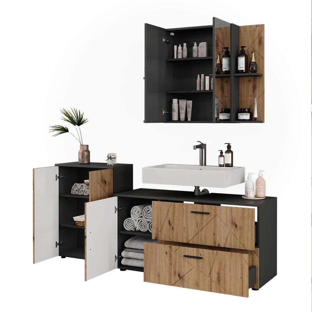 Badmöbel-Set in Anthrazit/Artisan auf weißem Hintergrund mit dekorativen Elementen