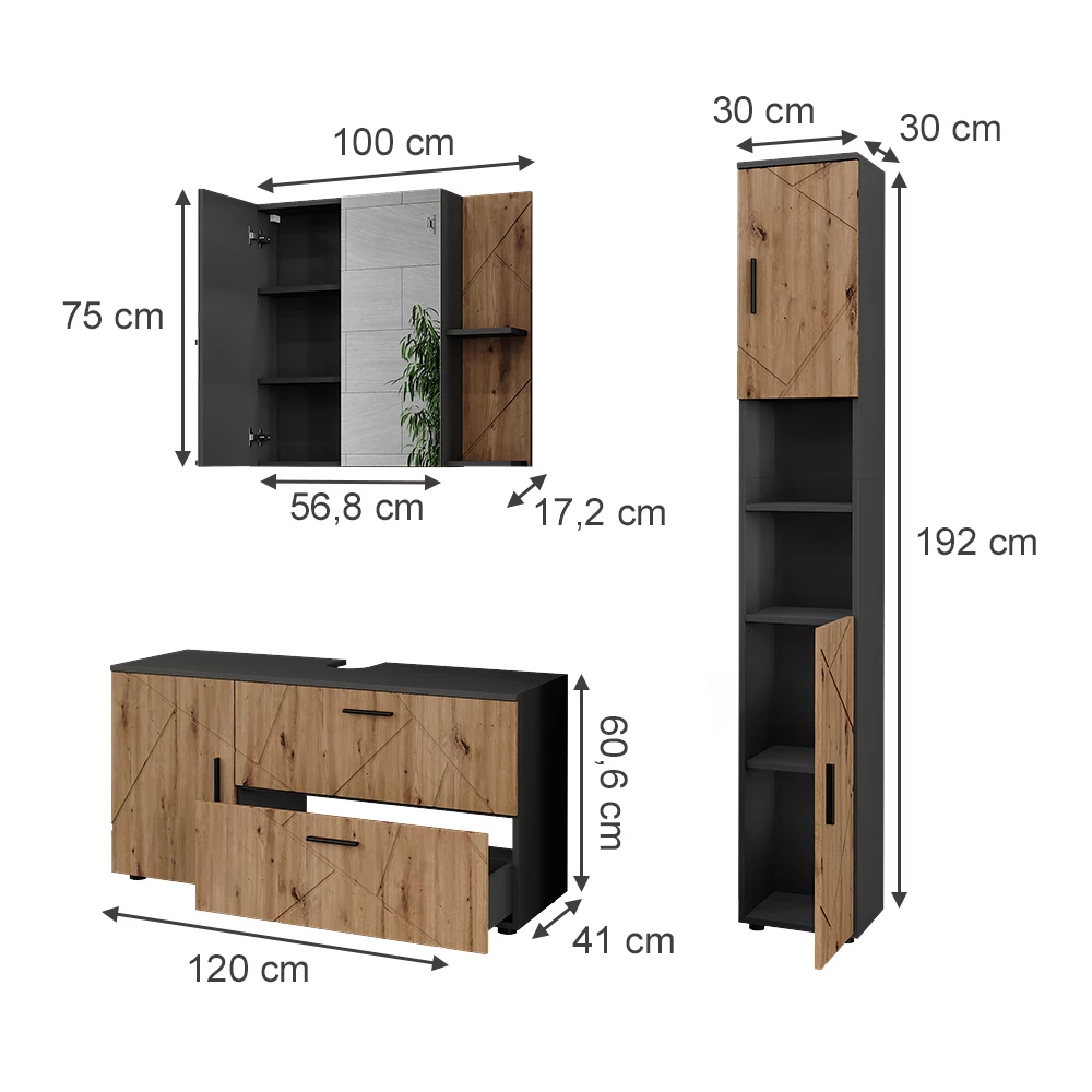 Ensemble de meubles de salle de bains en Anthracite/Artisan sur fond blanc avec dimensions visibles