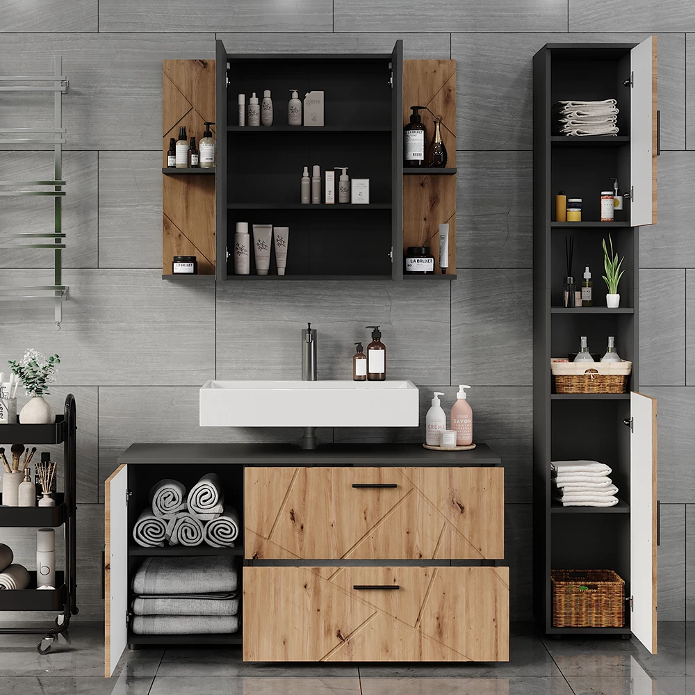 Gros plan de Ensemble de meubles de salle de bains en Anthracite/Artisan, montrant la texture/les détails