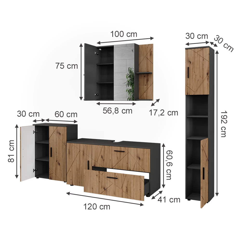 Badmöbel-Set in Anthrazit/Artisan auf weißem Hintergrund mit sichtbaren Maßen