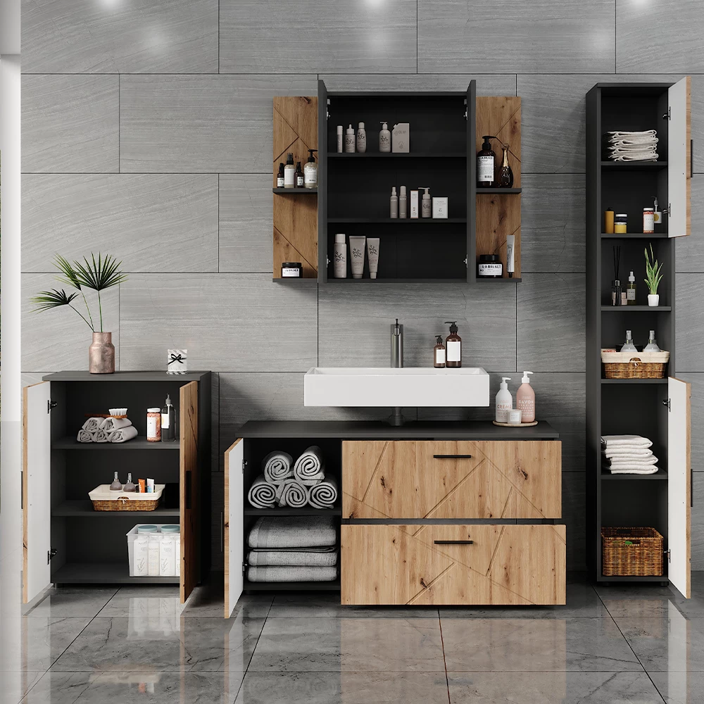 Nahaufnahme von Badmöbel-Set in Anthrazit/Artisan, zeigt Textur/Details