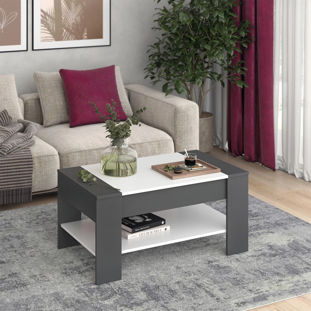 Mesa de centro en Antracita/blanco sobre fondo blanco con elementos decorativos