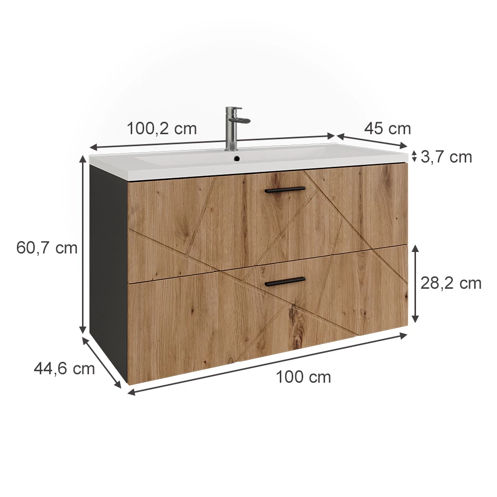Badmöbel-Set in Anthrazit/Artisan auf weißem Hintergrund mit sichtbaren Maßen