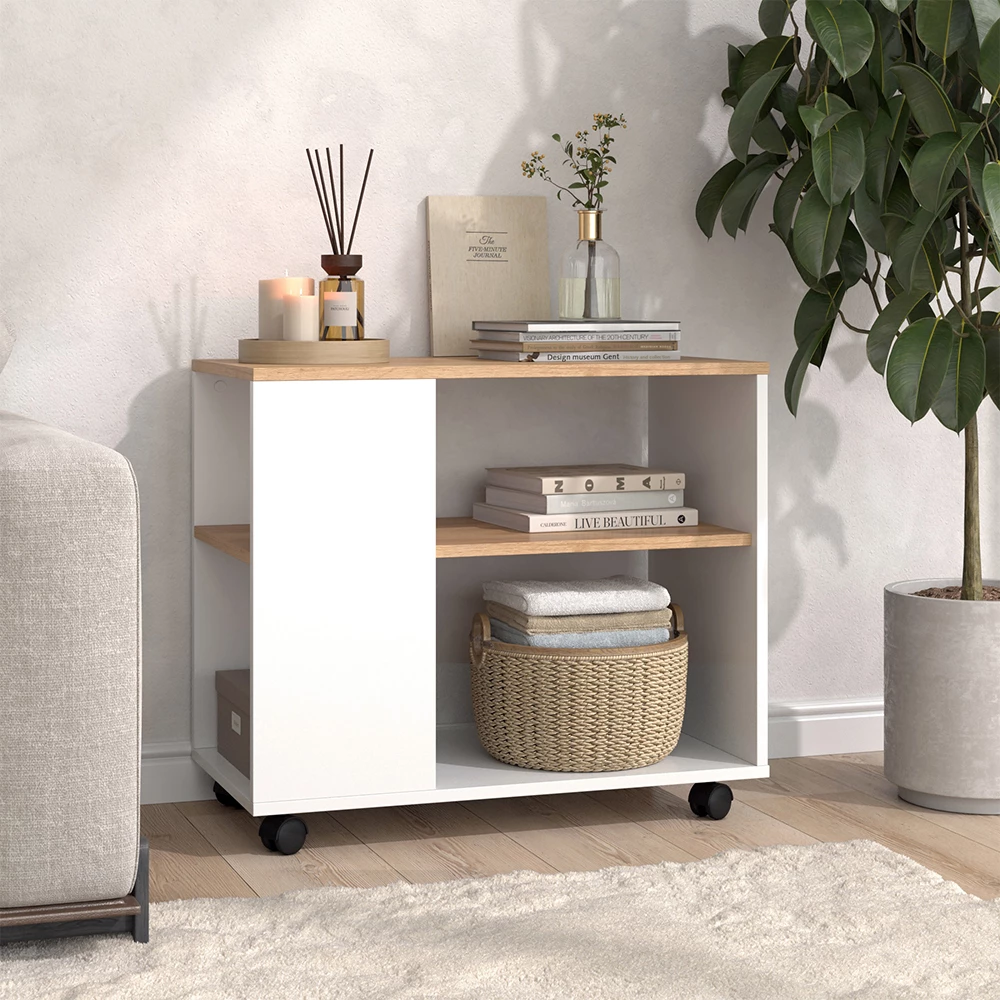 Coffee table in Gold power oak / white on white background with decorative elements