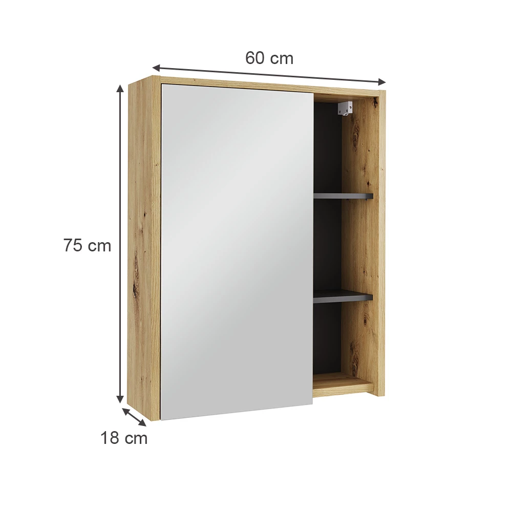 Vicco Badspiegelschrank "Viola", Artisan/Grau, 60 x 75 cm mit offenen Regalen