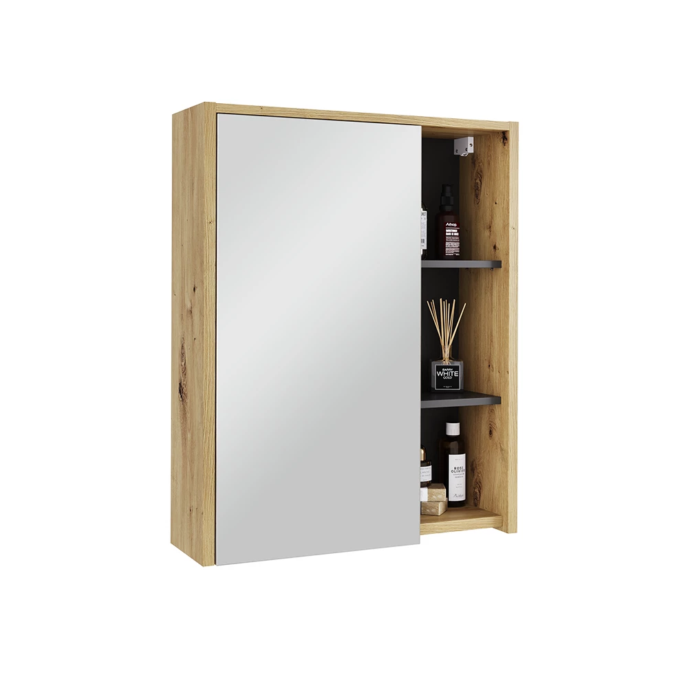 Mobile a specchio per bagno in Artigiano/grigio su sfondo bianco con elementi decorativi