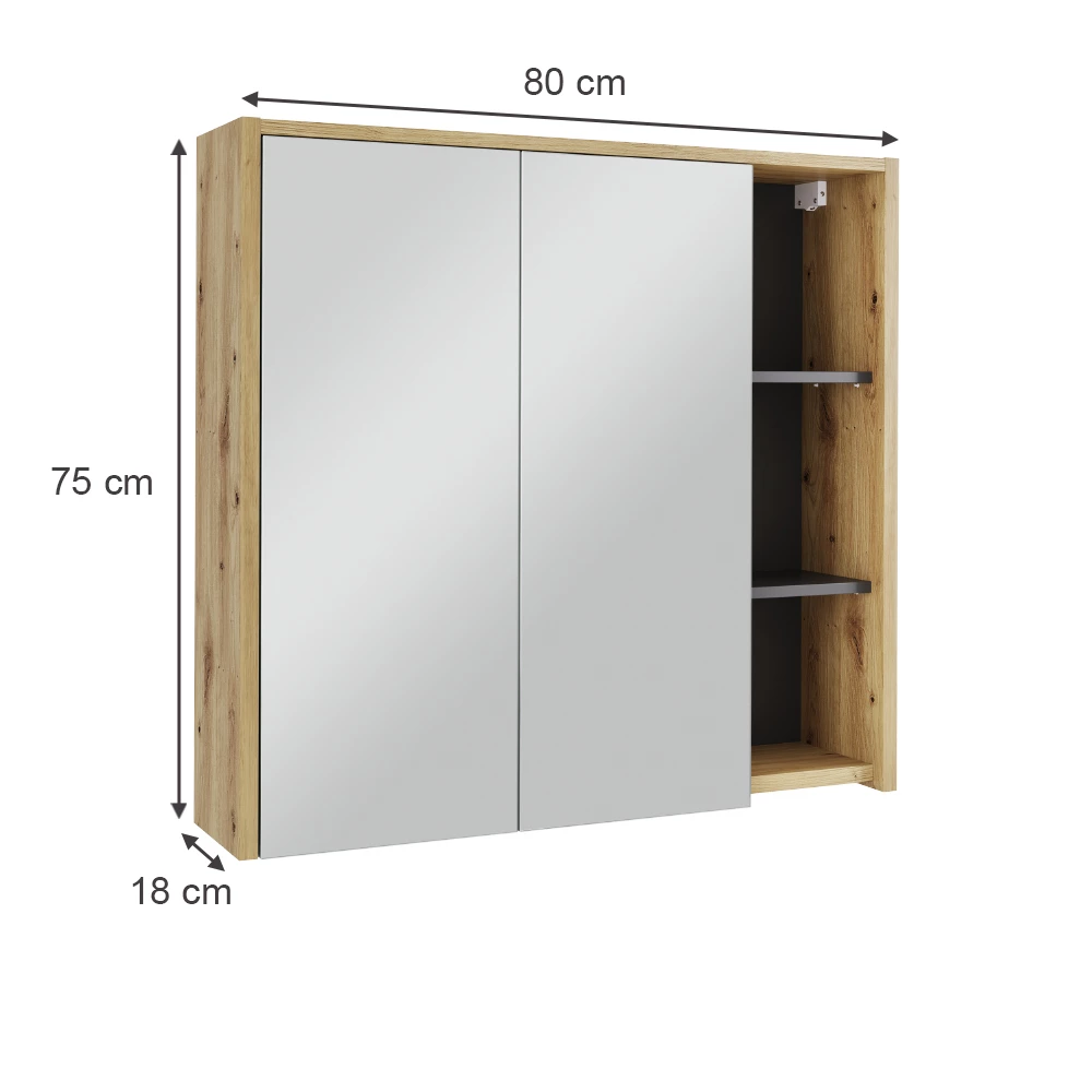 Mobile a specchio per bagno in Artigiano/grigio su sfondo bianco con dimensioni visibili