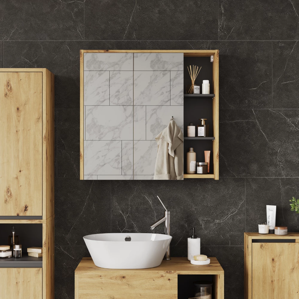 Mobile a specchio per bagno in Artigiano/grigio, mostrato in un ambiente ambientale con decorazioni