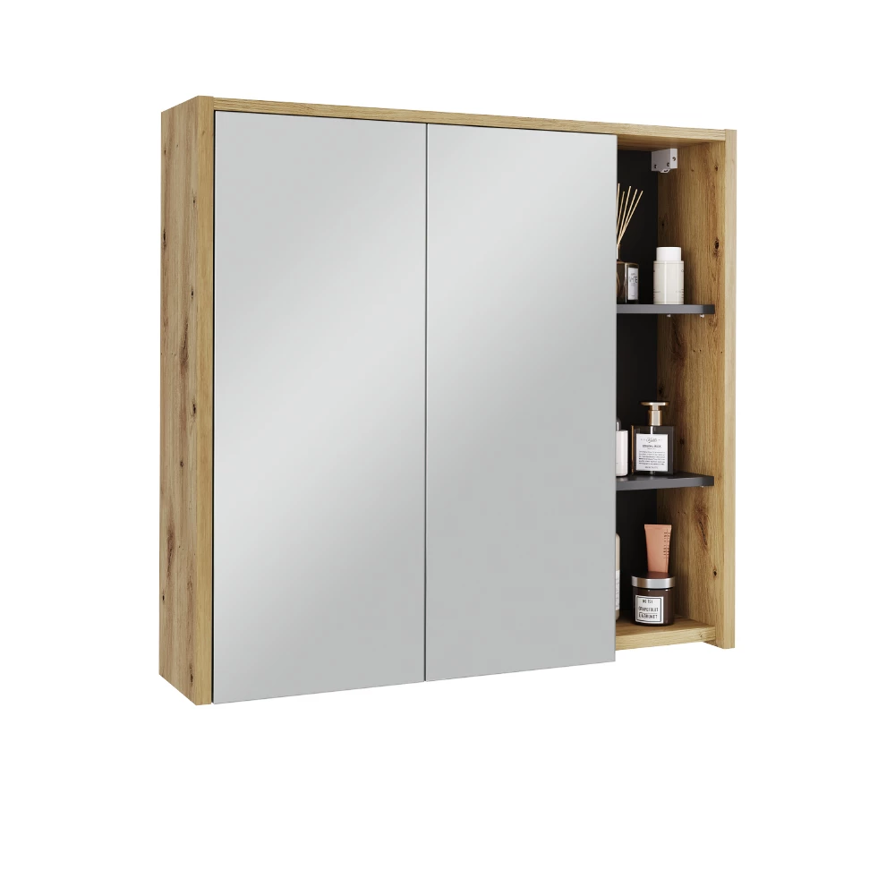 Mobile a specchio per bagno in Artigiano/grigio su sfondo bianco con elementi decorativi