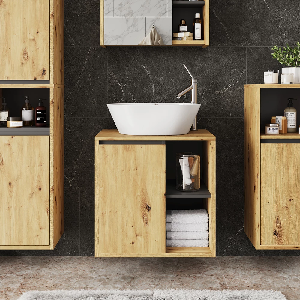 Meuble sous lavabo en Artisan/gris, présenté dans un décor ambiant avec décoration