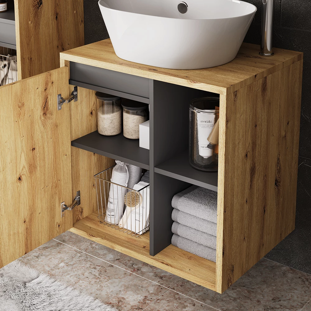 Gros plan de Meuble sous lavabo en Artisan/gris, montrant la texture/les détails