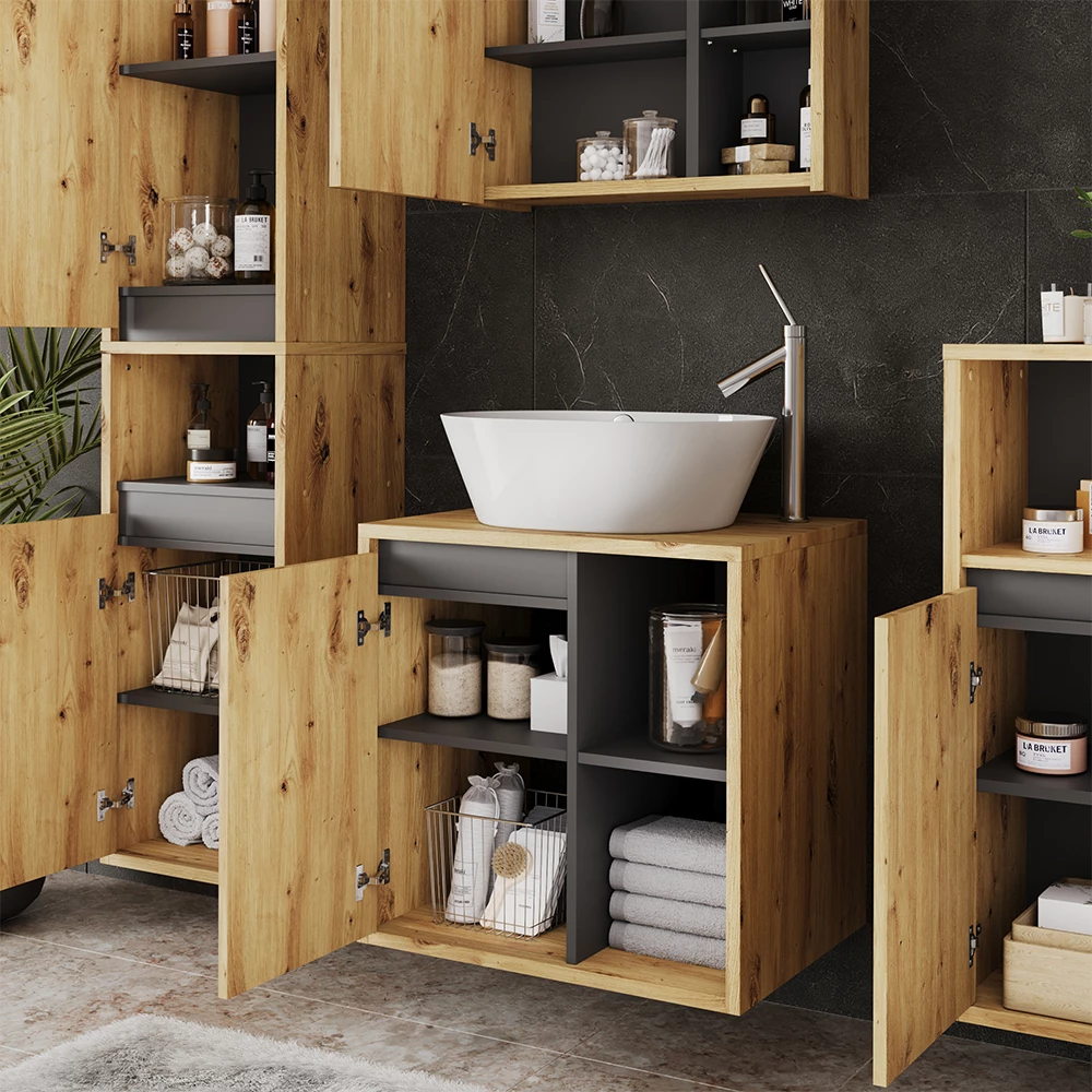 Gros plan de Meuble sous lavabo en Artisan/gris, montrant le design et les détails de surface