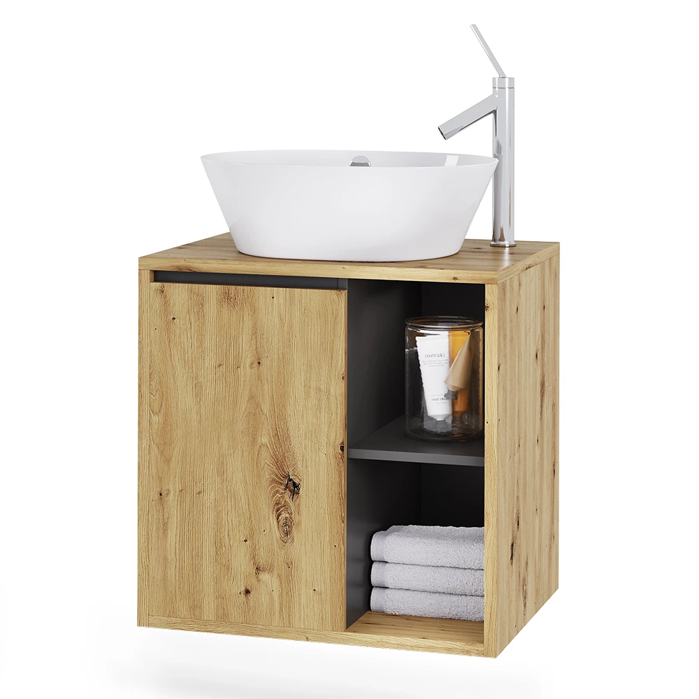 Meuble sous lavabo en Artisan/gris sur fond blanc avec des éléments décoratifs