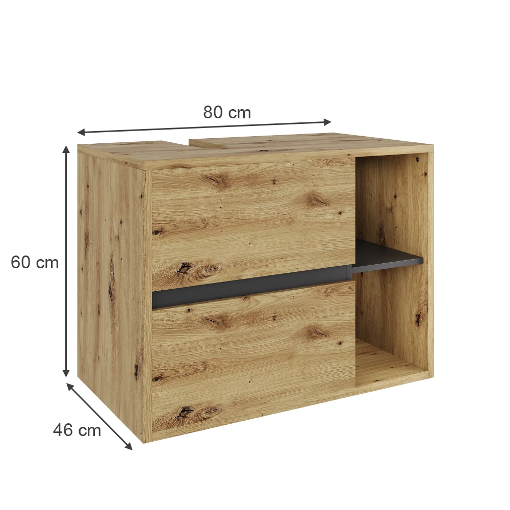 Waschbeckenunterschrank in Artisan/Grau auf weißem Hintergrund mit sichtbaren Maßen