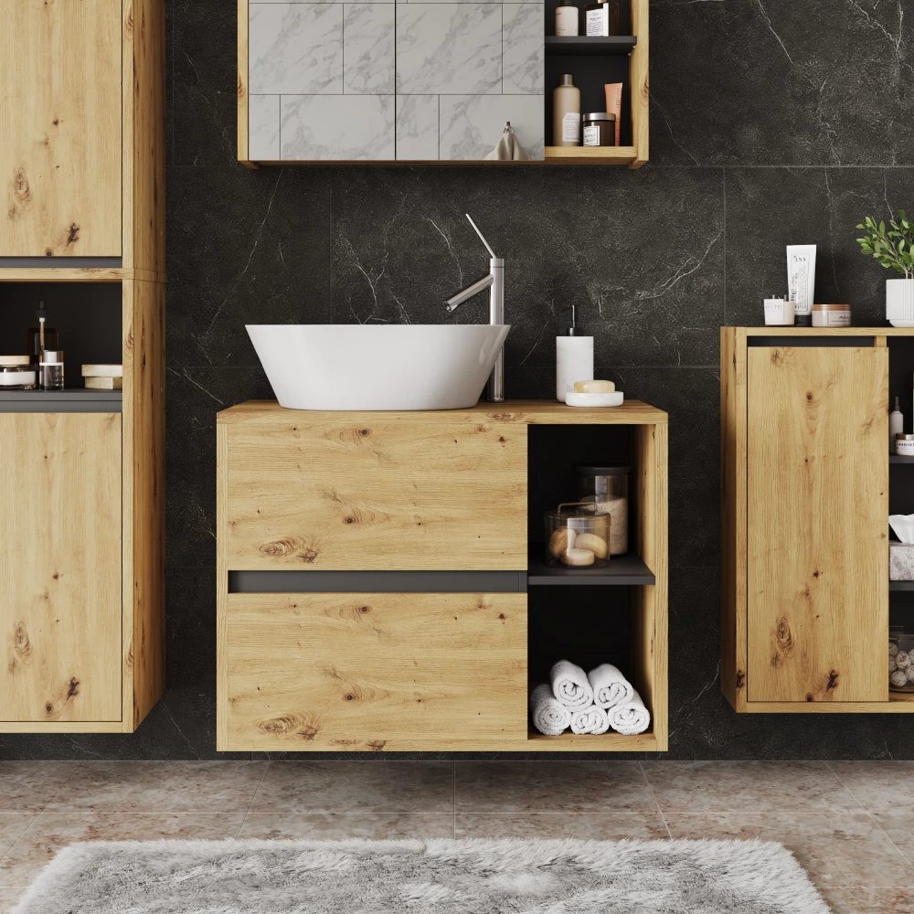 Waschbeckenunterschrank in Artisan/Grau, dargestellt im Ambiente mit Dekoration