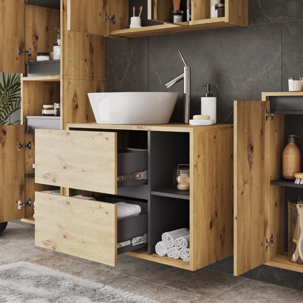 Nahaufnahme von Waschbeckenunterschrank in Artisan/Grau, zeigt Design- und Oberflächendetails