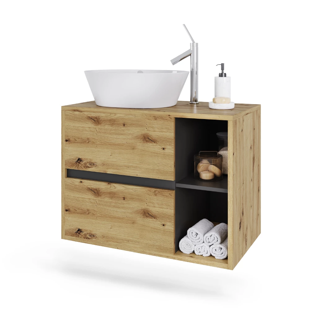Waschbeckenunterschrank in Artisan/Grau auf weißem Hintergrund mit dekorativen Elementen