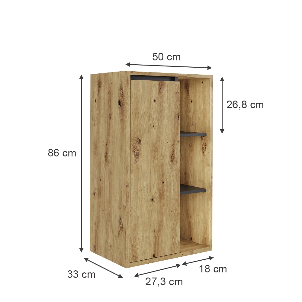 Midischrank in Artisan/Grau auf weißem Hintergrund mit sichtbaren Maßen