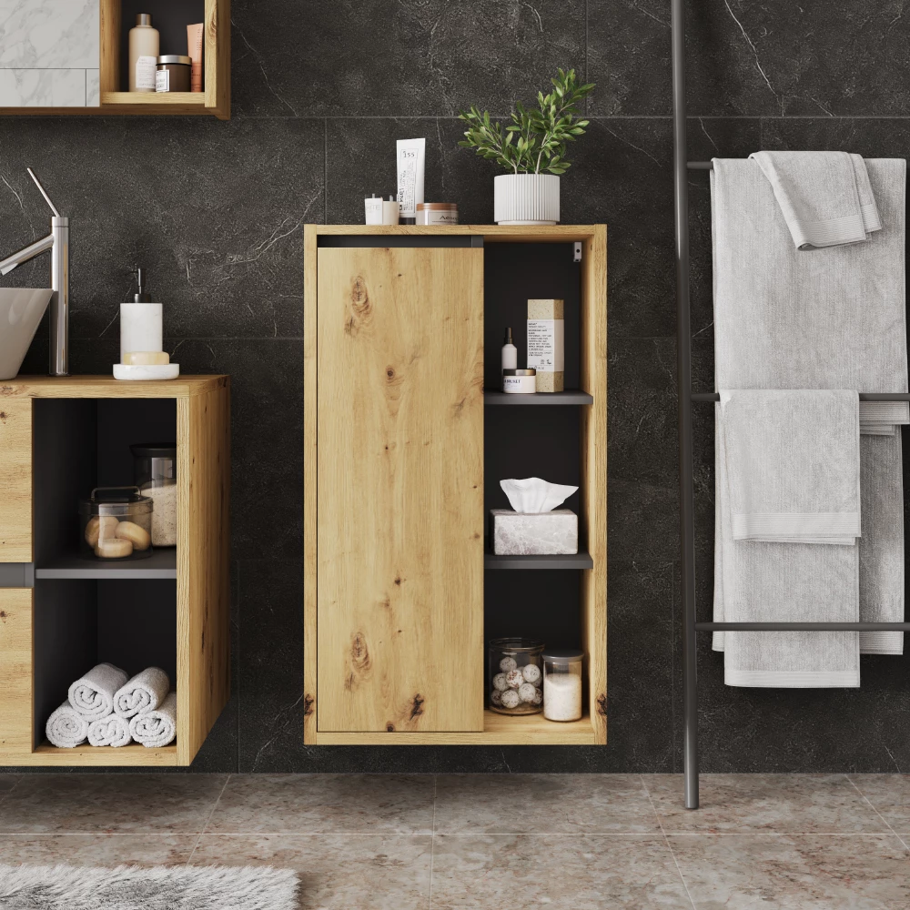 Midischrank in Artisan/Grau, dargestellt im Ambiente mit Dekoration