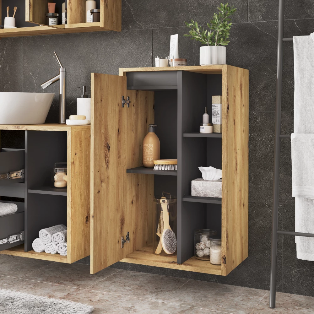 Nahaufnahme von Midischrank in Artisan/Grau, zeigt Design- und Oberflächendetails