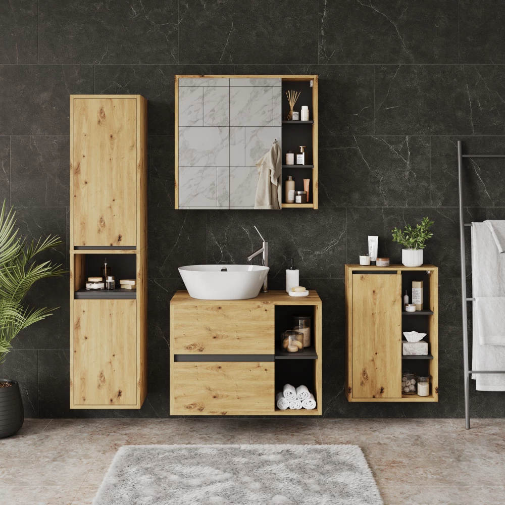 Badkamermeubelset in Artisanaal/grijs, getoond in een sfeervolle omgeving met decoratie