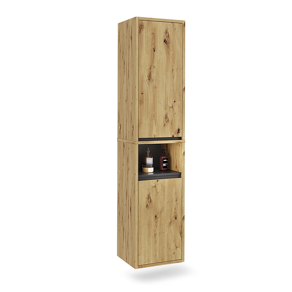 Mobile alto in Artigiano/grigio su sfondo bianco con elementi decorativi