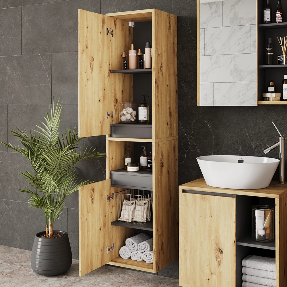 Primo piano di Mobile alto in Artigiano/grigio, mostrando design e dettagli della superficie