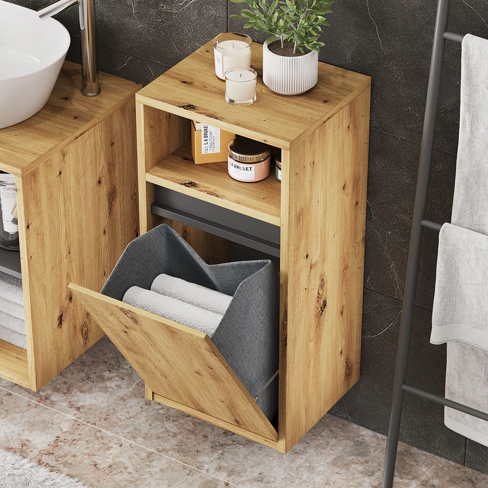 Nahaufnahme von Badschrank in Artisan/Grau, zeigt Textur/Details