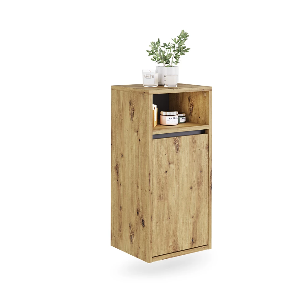 Badschrank in Artisan/Grau auf weißem Hintergrund mit dekorativen Elementen