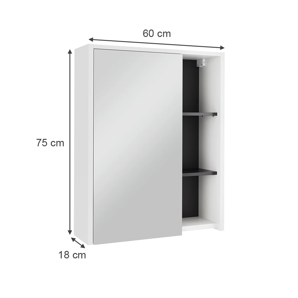 Badspiegelschrank in Weiß/Grau auf weißem Hintergrund mit sichtbaren Maßen