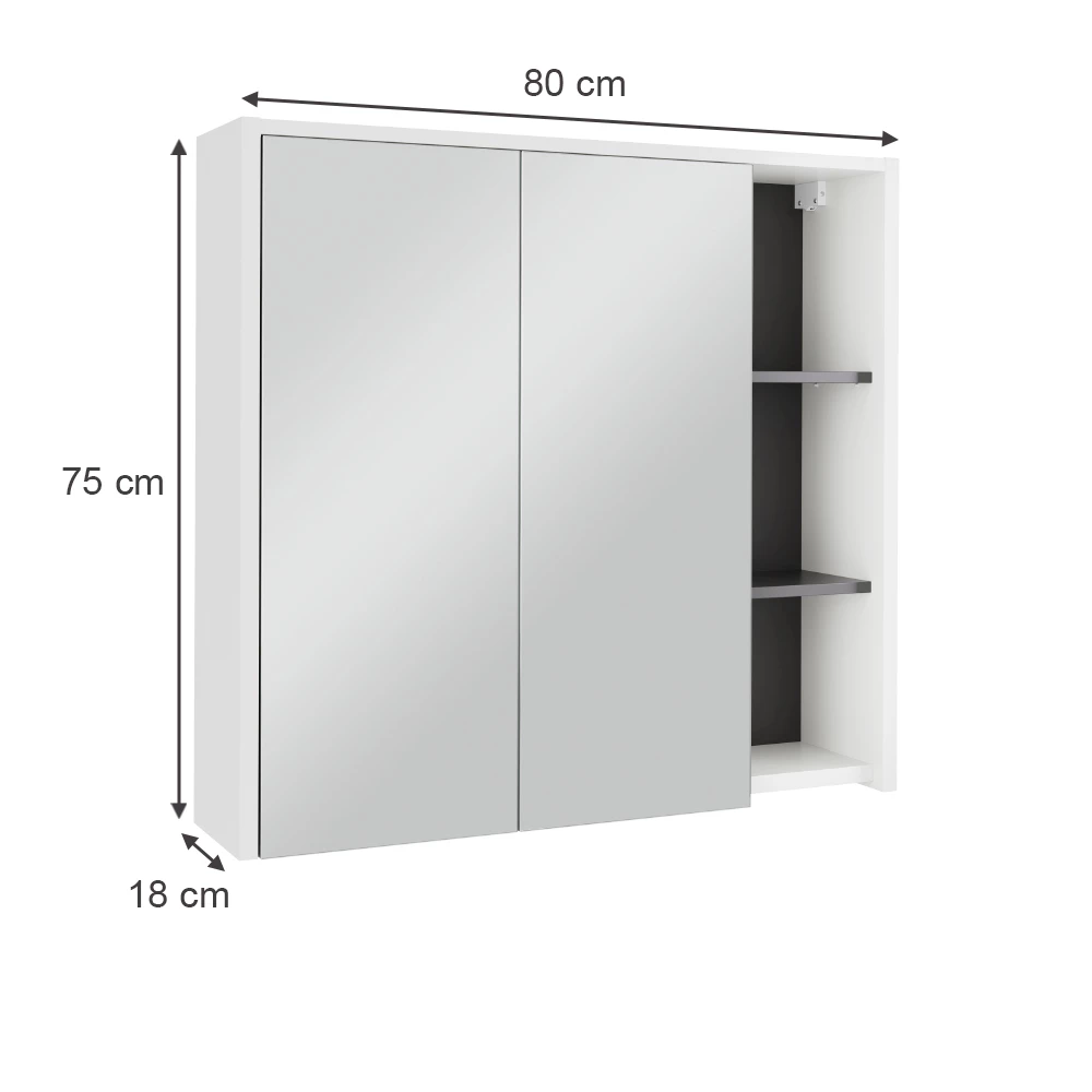 Badspiegelschrank in Weiß/Grau auf weißem Hintergrund mit sichtbaren Maßen