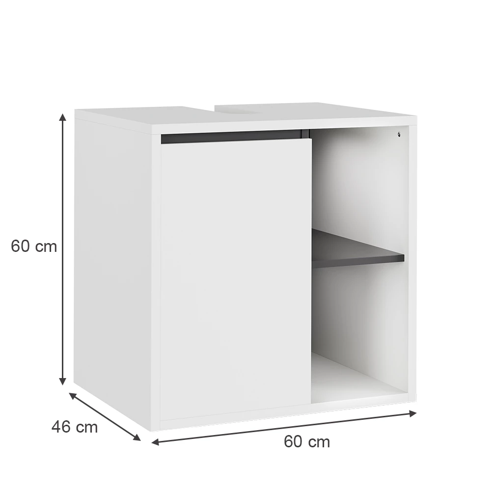 Waschbeckenunterschrank in Weiß/Grau auf weißem Hintergrund mit sichtbaren Maßen