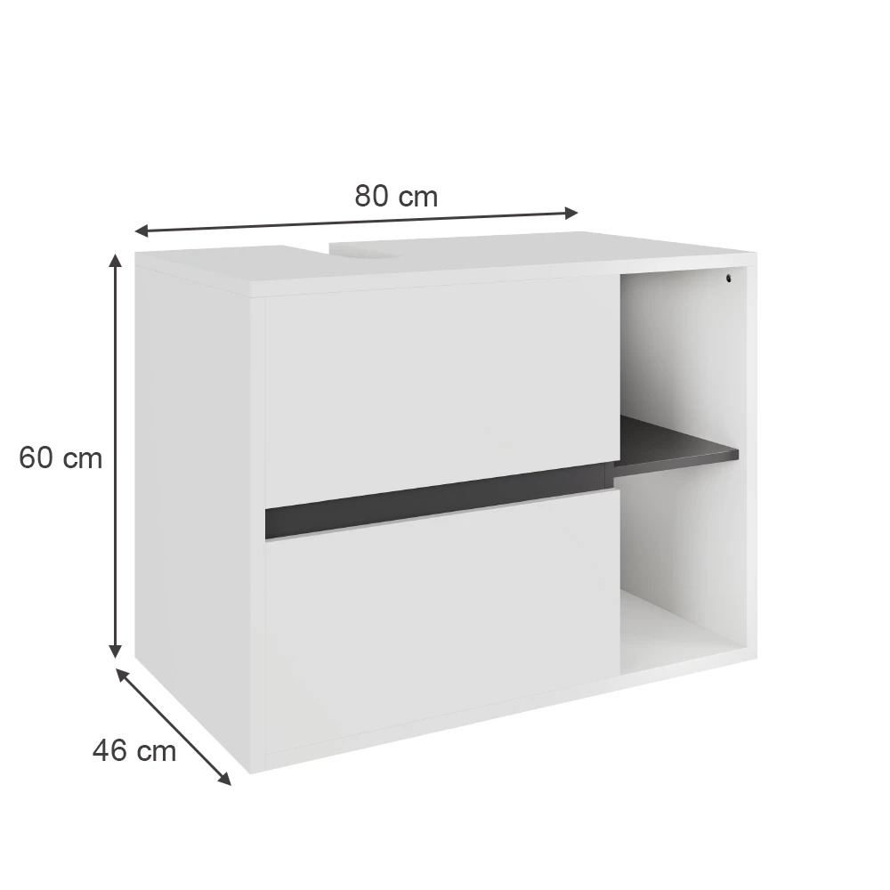 Waschbeckenunterschrank in Weiß/Grau auf weißem Hintergrund mit sichtbaren Maßen