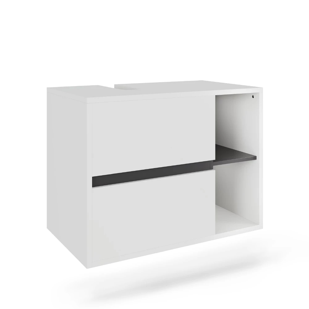 Waschbeckenunterschrank in Weiß/Grau auf weißem Hintergrund