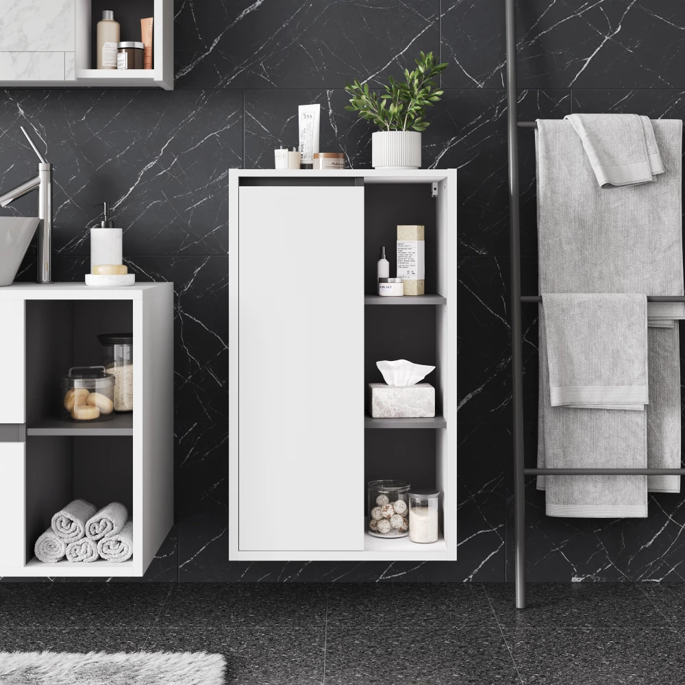 Armoire Midischrank en blanc/gris, présenté dans un décor ambiant avec décoration
