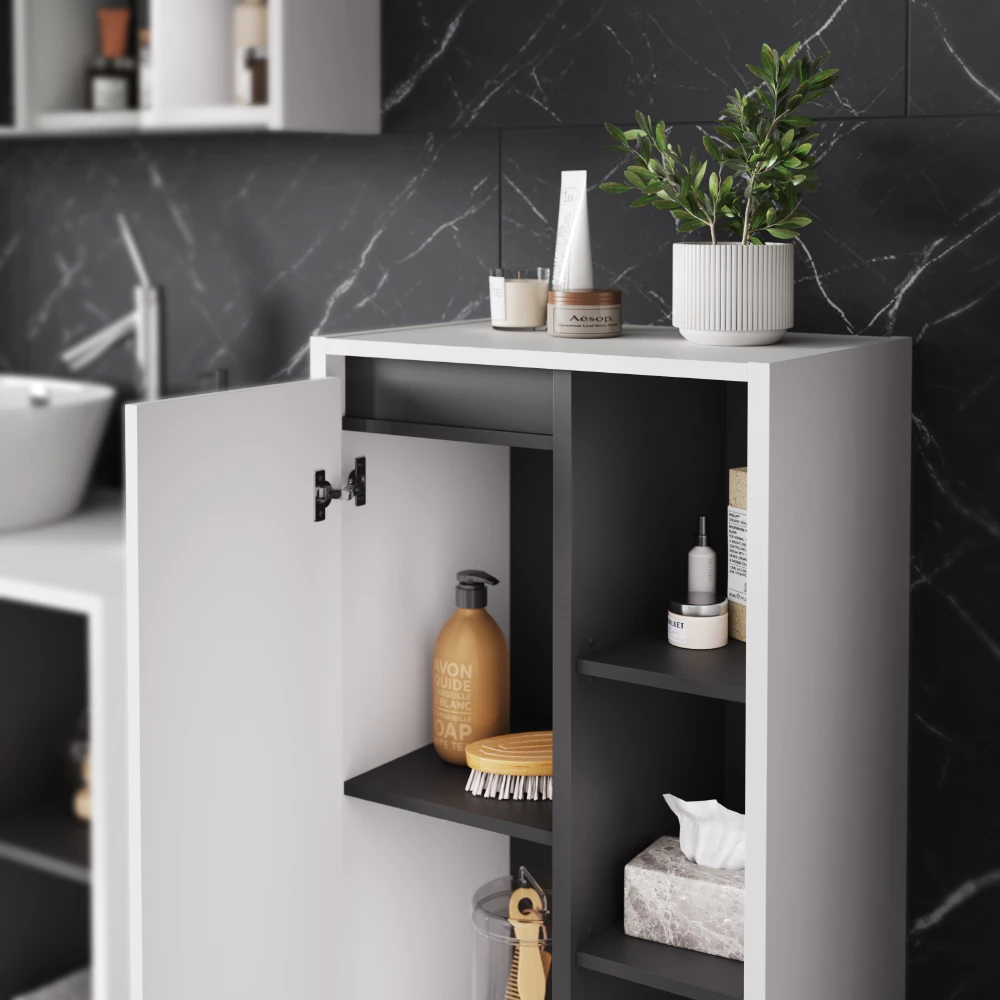 Gros plan de Armoire Midischrank en blanc/gris, montrant la texture/les détails