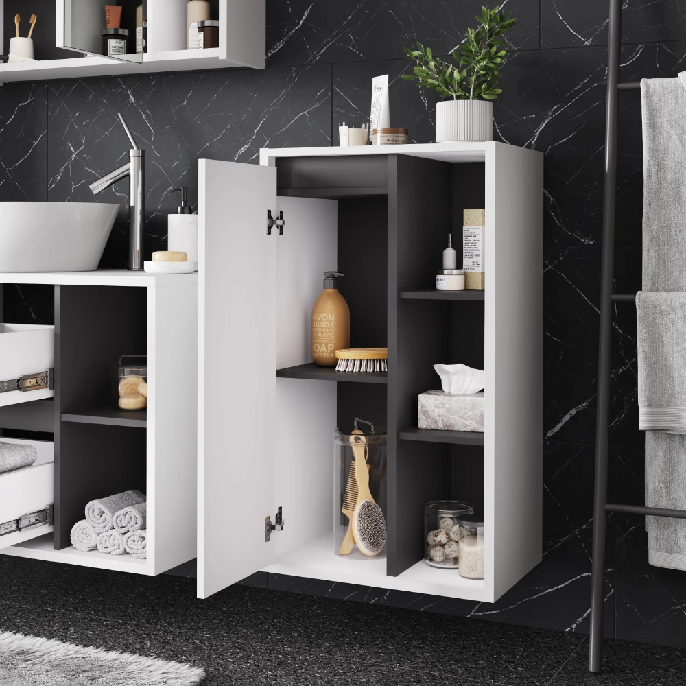 Gros plan de Armoire Midischrank en blanc/gris, montrant le design et les détails de surface