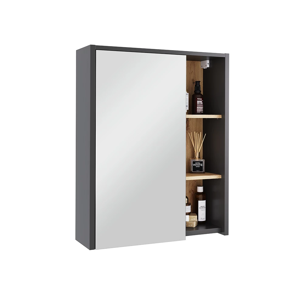 Badkamerspiegelkast in Grijs/Kunstnijverheid op een witte achtergrond met decoratieve elementen