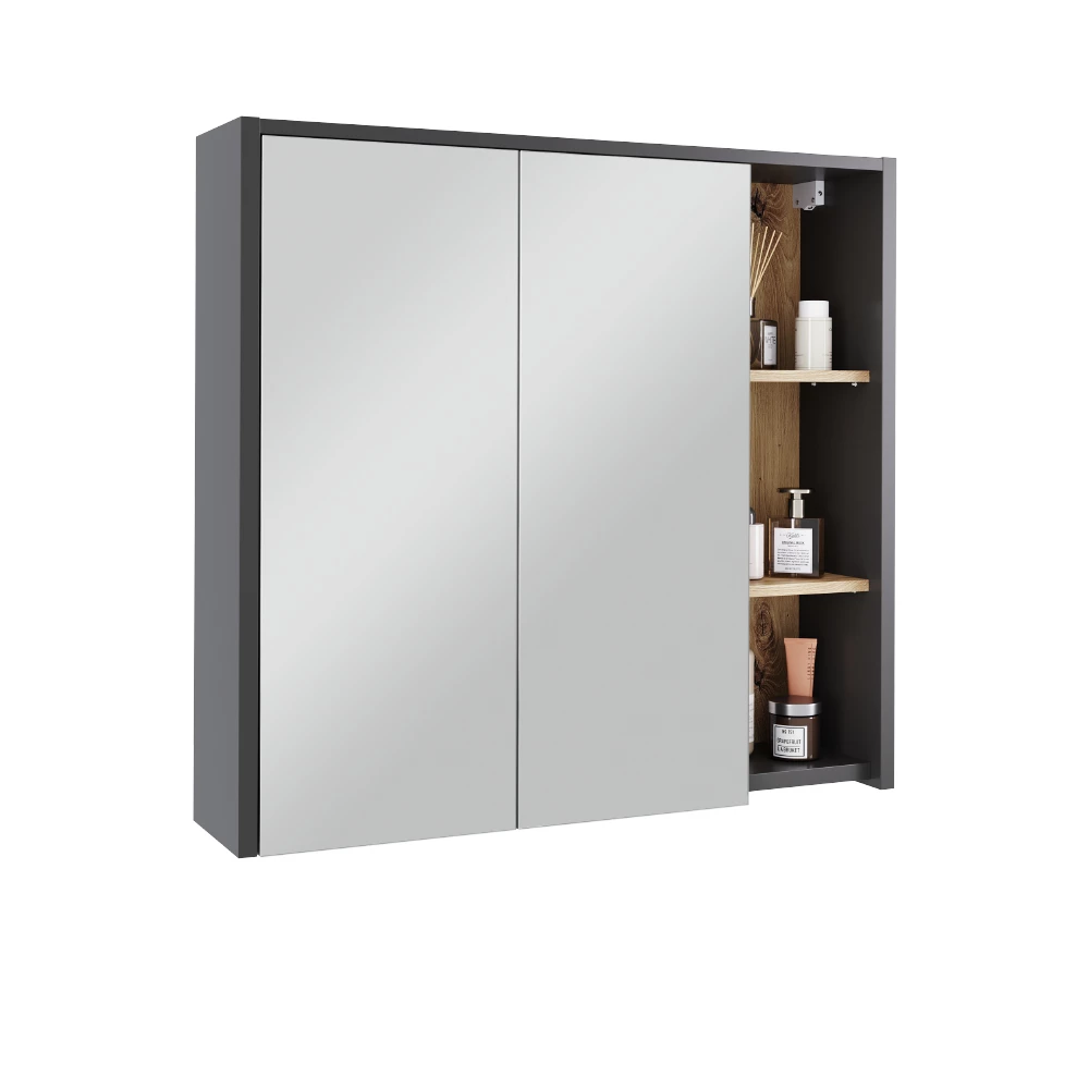 Mobile a specchio per bagno in Grigio/Artisan su sfondo bianco con elementi decorativi