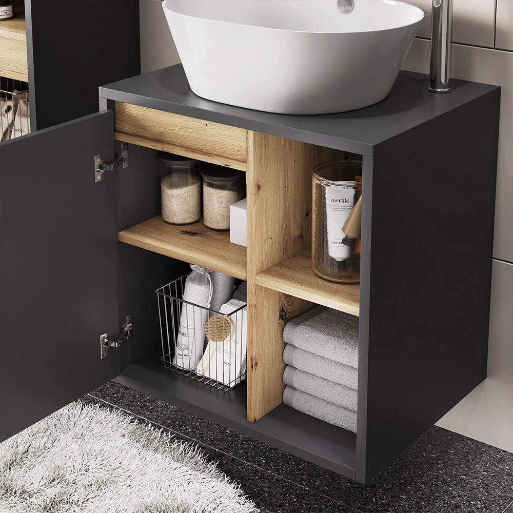 Primo piano di Mobiletto per lavabo in Grigio/Artisan, mostrando texture/dettagli