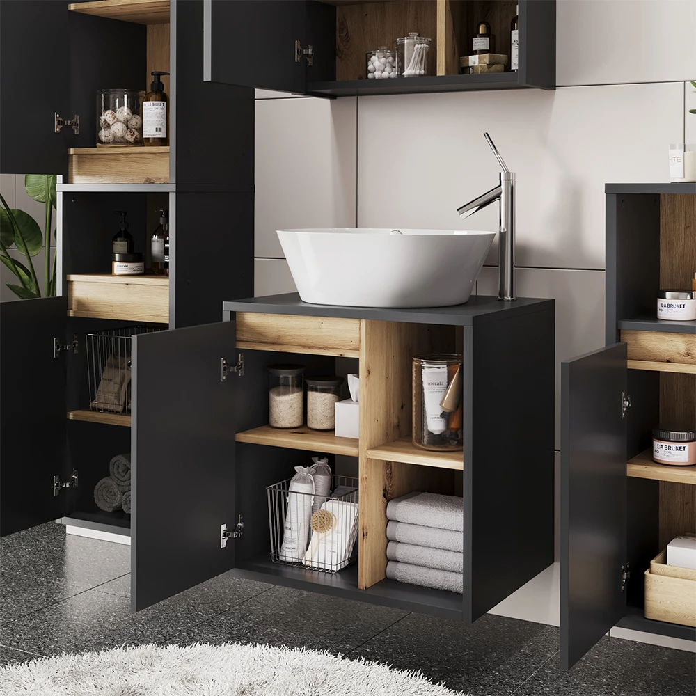 Primo piano di Mobiletto per lavabo in Grigio/Artisan, mostrando design e dettagli della superficie