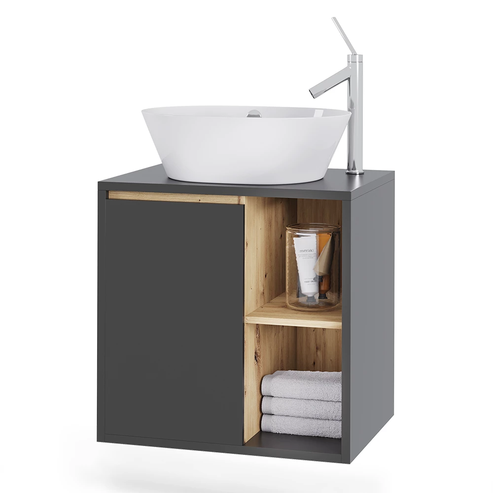 Mobiletto per lavabo in Grigio/Artisan su sfondo bianco con elementi decorativi