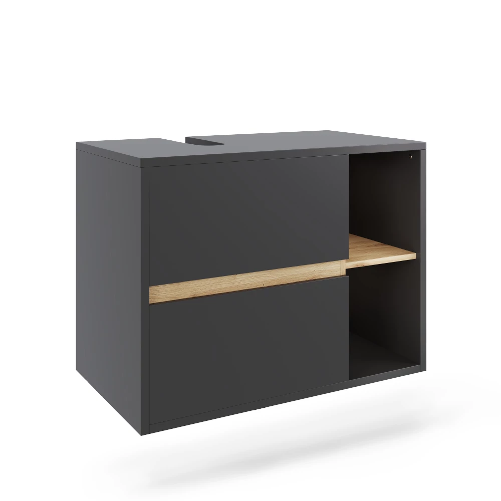 Waschbeckenunterschrank in Grau/Artisan auf weißem Hintergrund