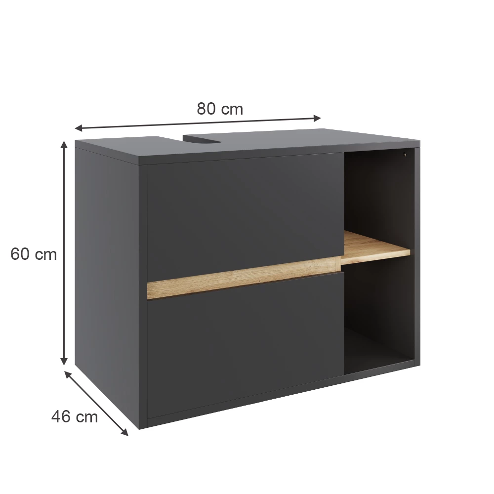 Waschbeckenunterschrank in Grau/Artisan auf weißem Hintergrund mit sichtbaren Maßen