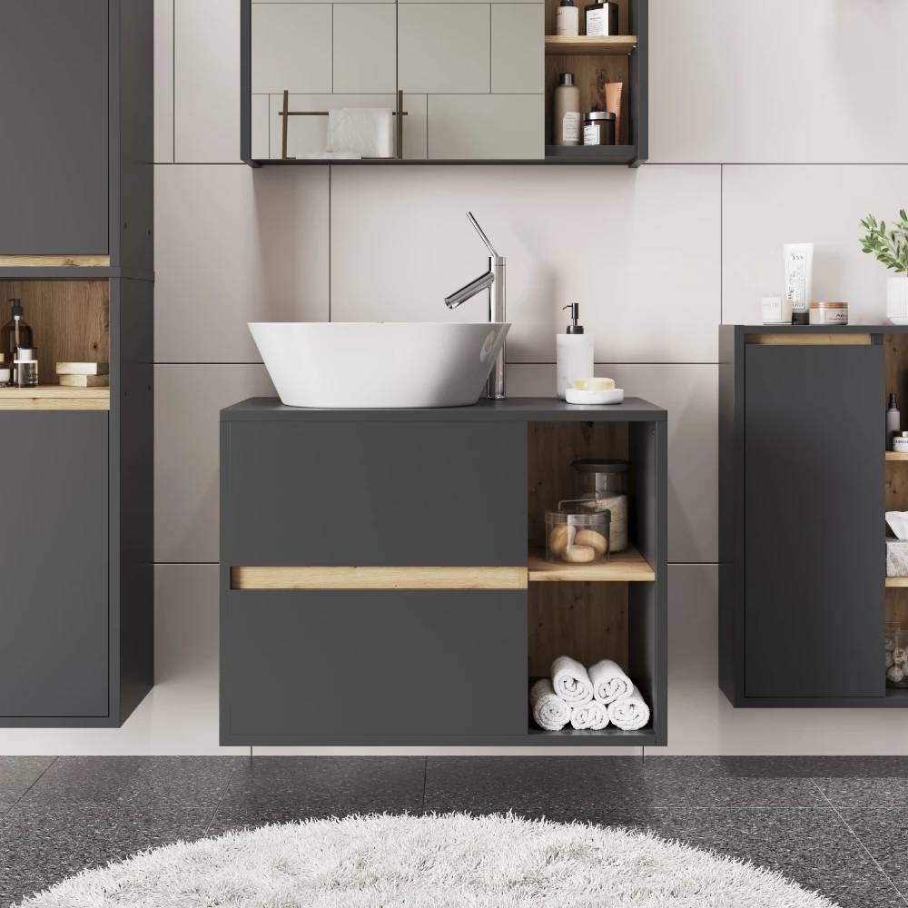 Waschbeckenunterschrank in Grau/Artisan, dargestellt im Ambiente mit Dekoration