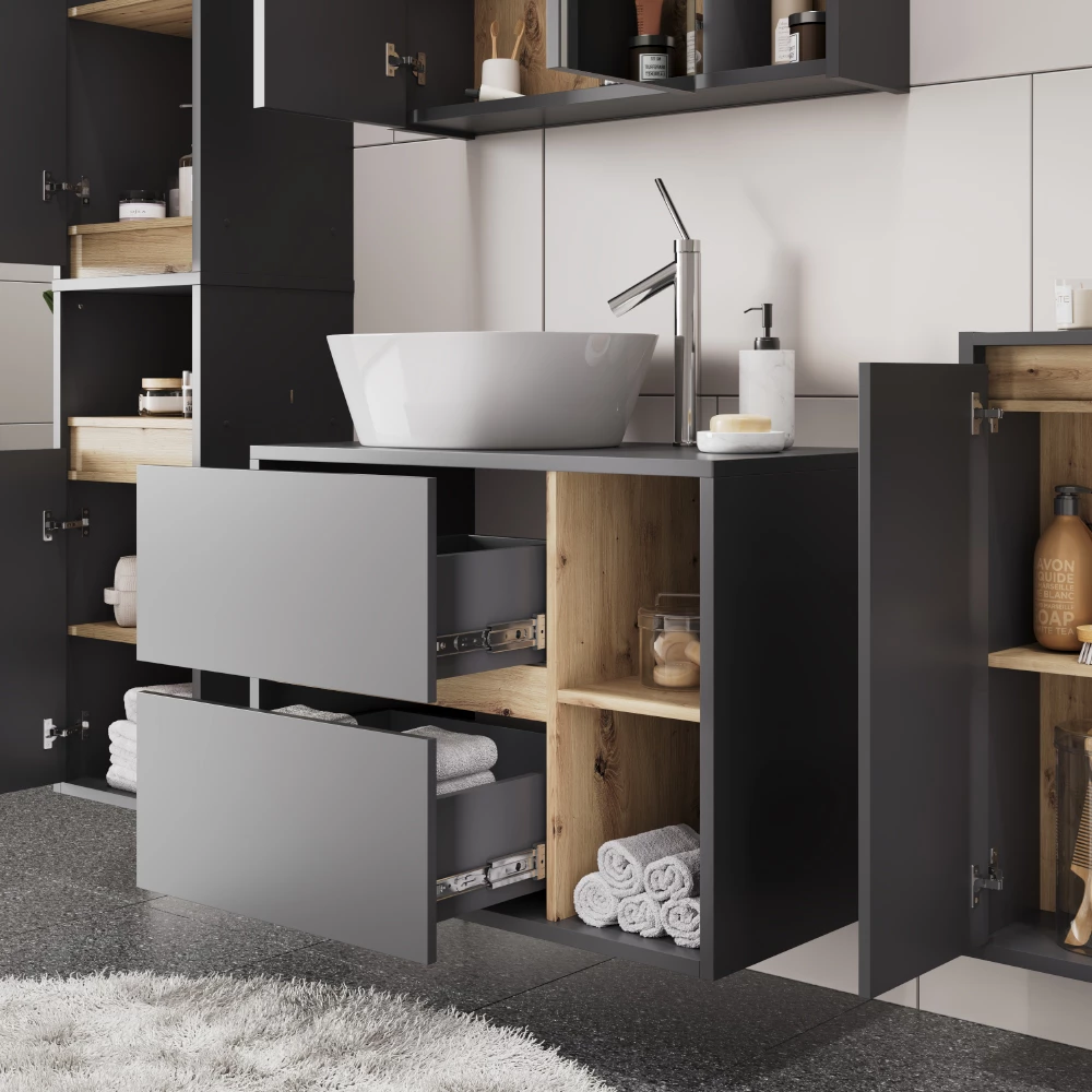 Nahaufnahme von Waschbeckenunterschrank in Grau/Artisan, zeigt Design- und Oberflächendetails